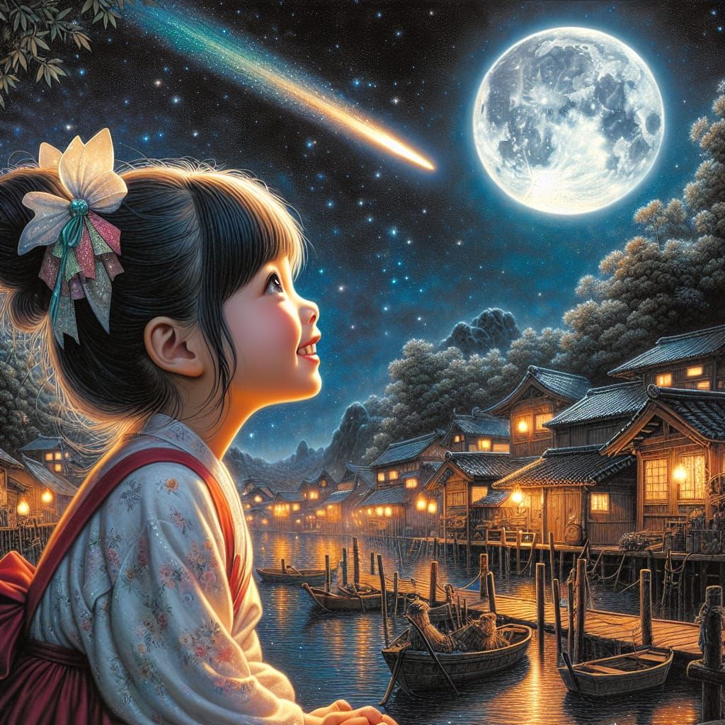 Moonlit Wonder: Girl Watching Shooting Star
