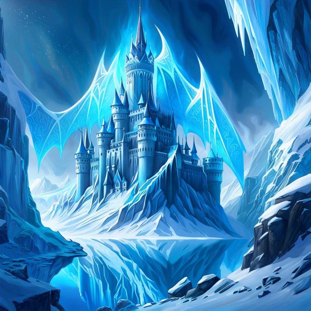 Majestic Ice Dragon on Frozen Castle Dreamscape