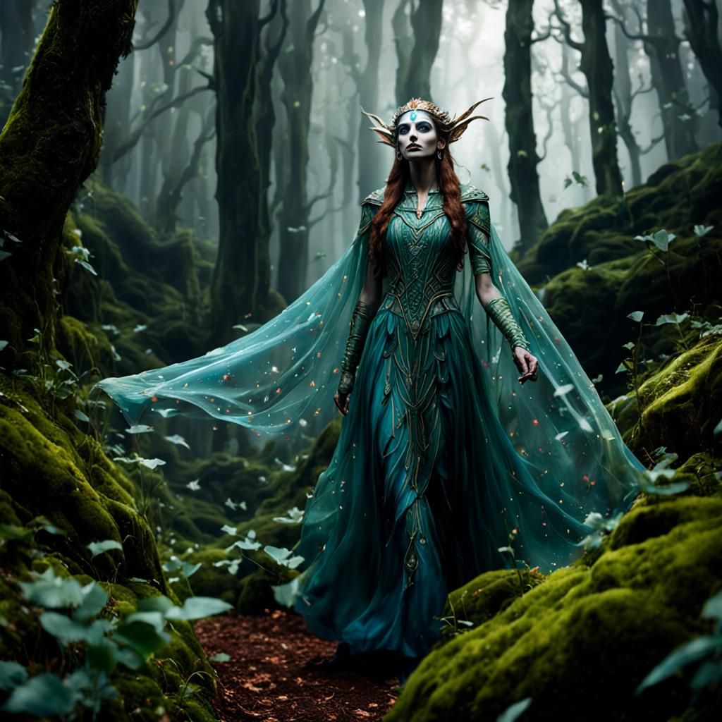 Hyperrealistic Fantasy Maiden Surrounded by Elves