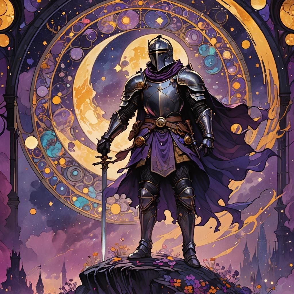 Fantasy Knight Bathed in Moonlight, Art Nouveau Style