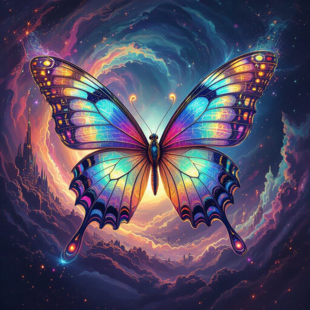 Iridescent Cosmic Butterfly in Psychedelic Style