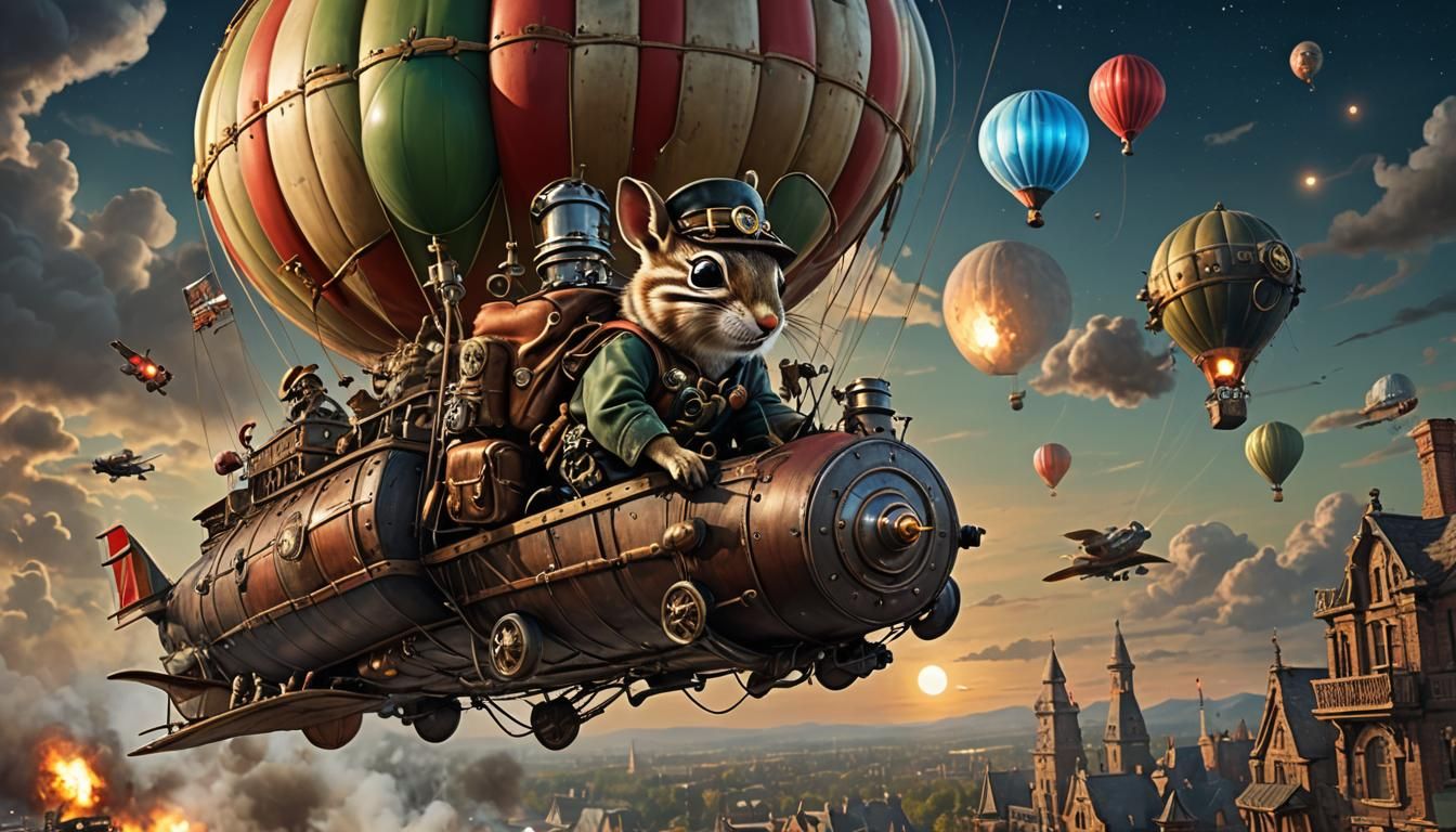Steampunk Chipmunk Aviator Airship Attack in Hyperrealism