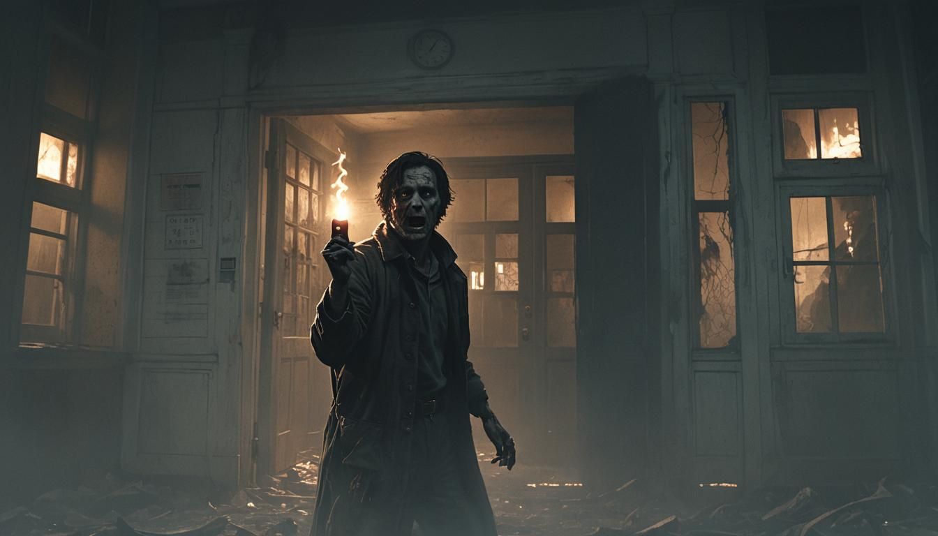 Cinematic Horror: Figure Emerges from Decaying Hospital