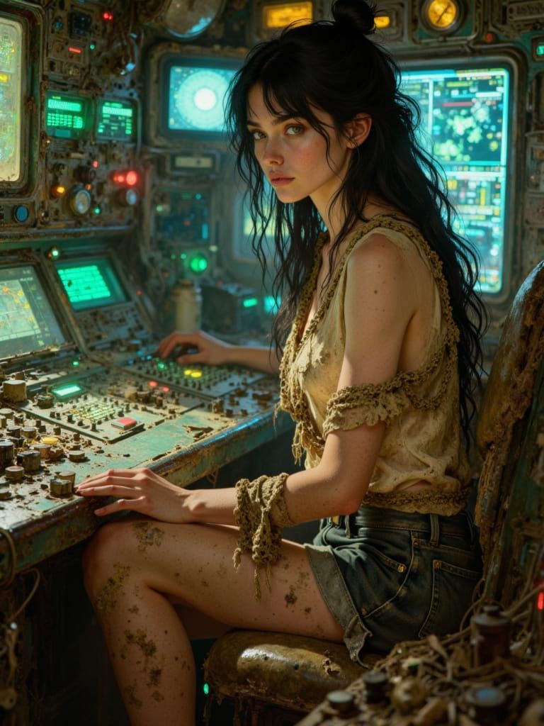 Woman in Dirty Clothes in Starship Control Room