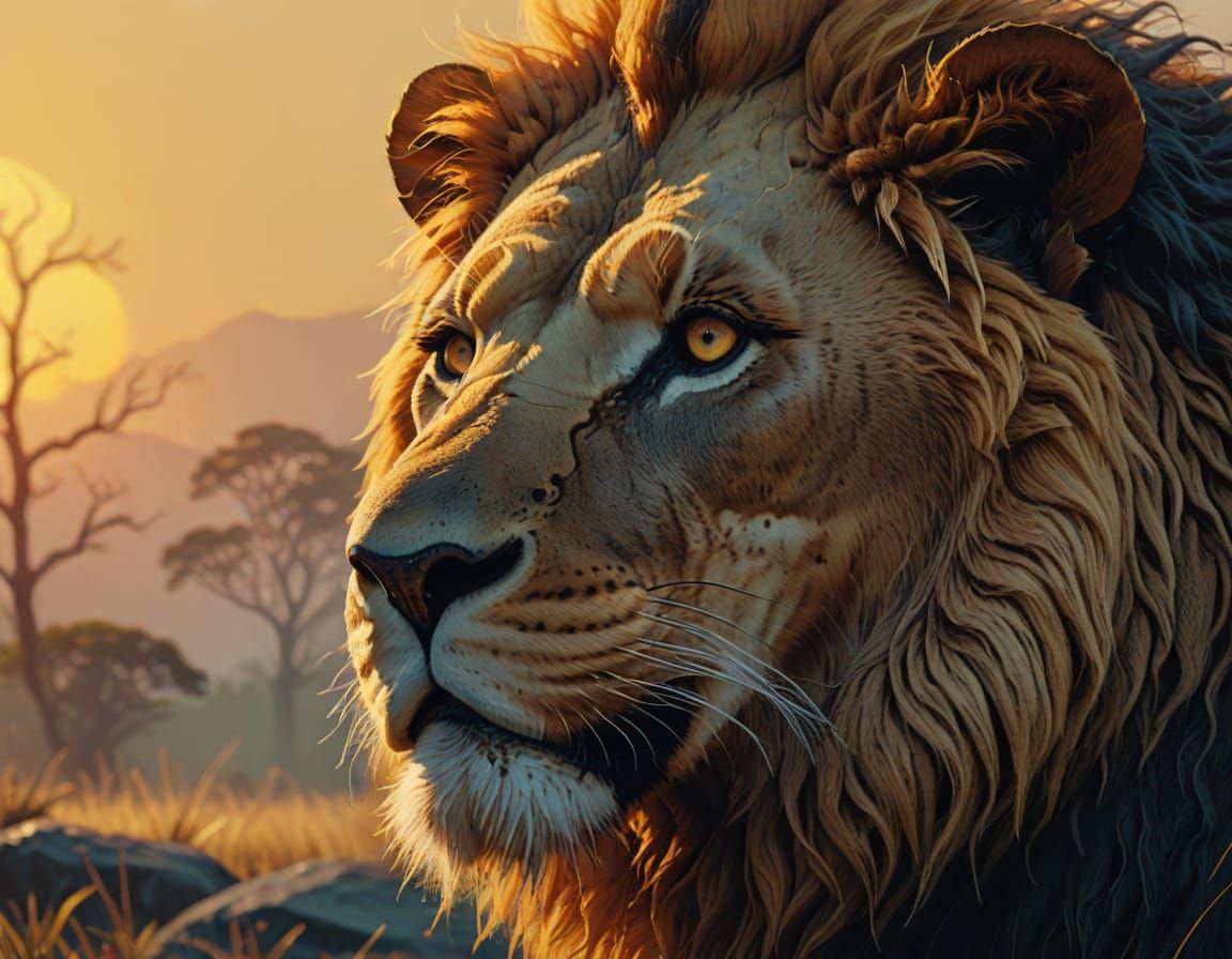 Regal Lion in Vibrant Psychedelic Landscape