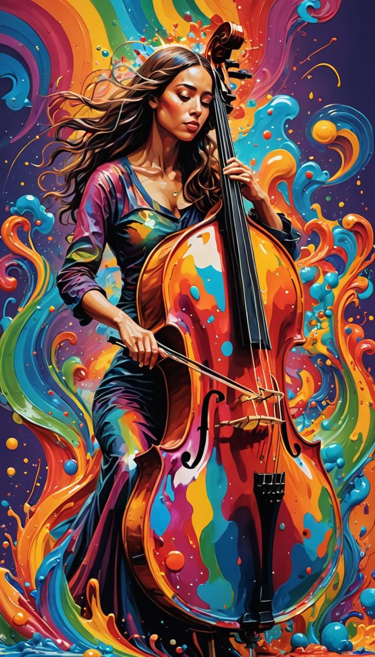 Psychedelic Goddess Plays Contrabass in Bio Art Style