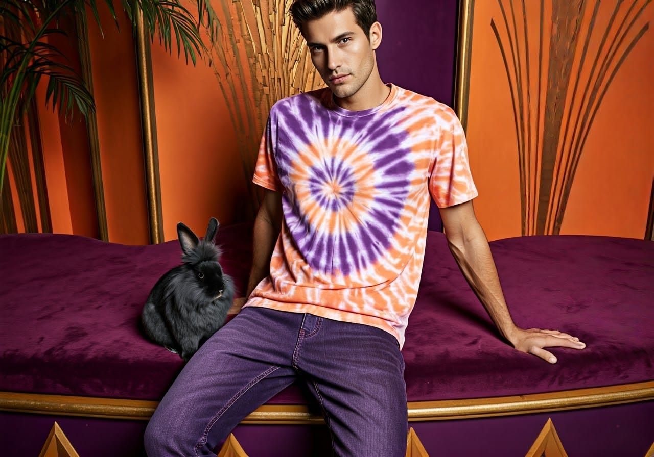 Vibrant Art Deco Portrait of Handsome Gentleman with Furry C...