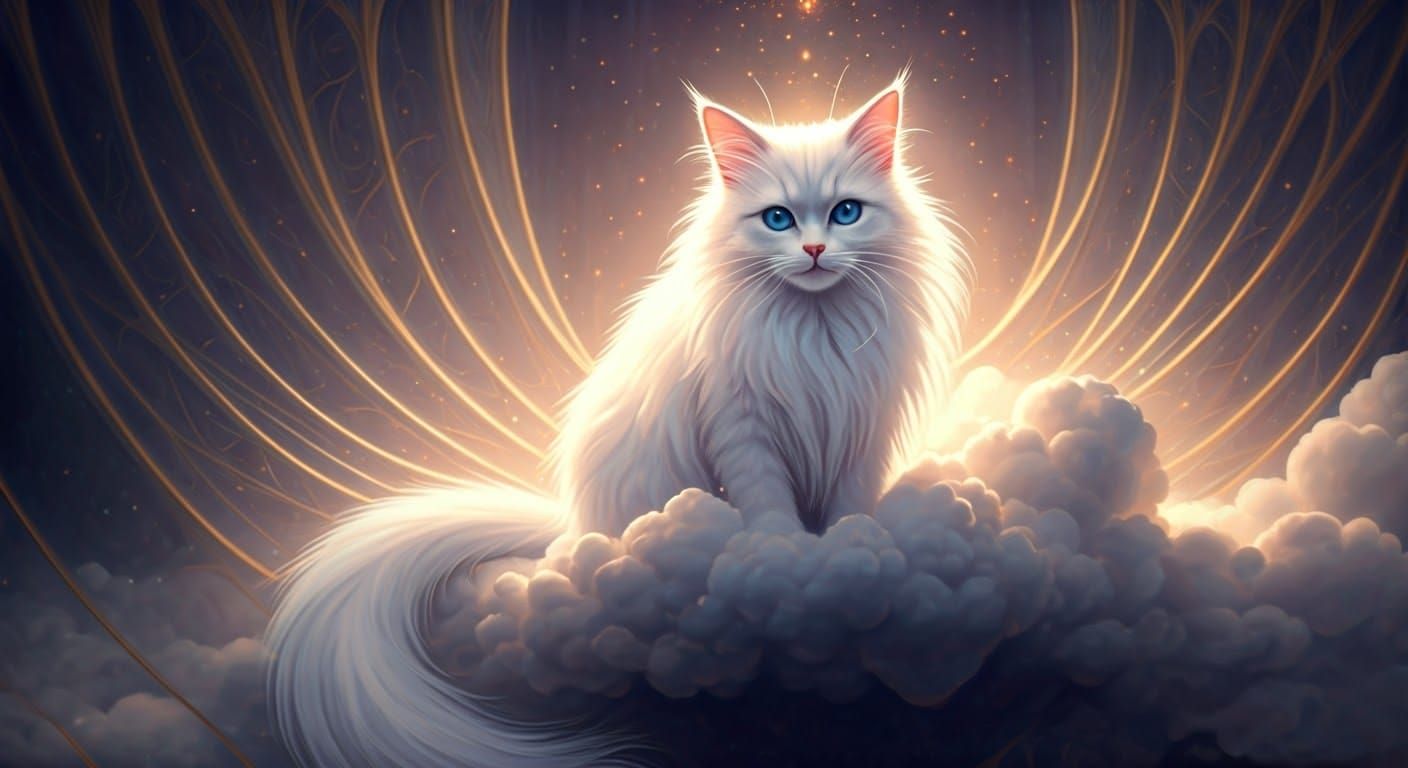 Ethereal Whimsy: Fluffy White Cat on a Cloudy Heaven