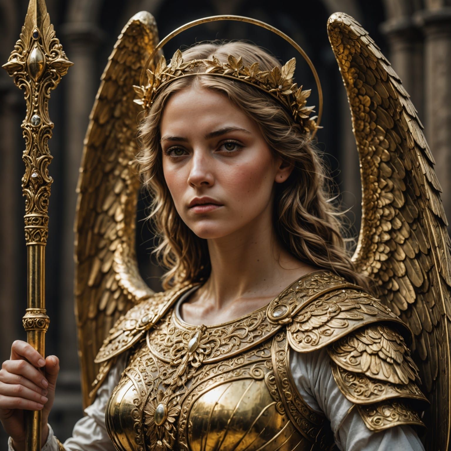 Angelina: Golden Guardian Angel in Hyperrealistic HDR