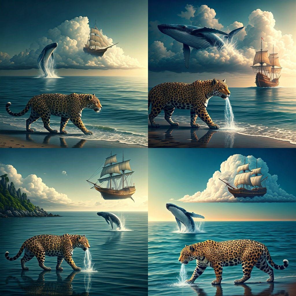 Surreal Jaguar on Seashore with Whale and Ship