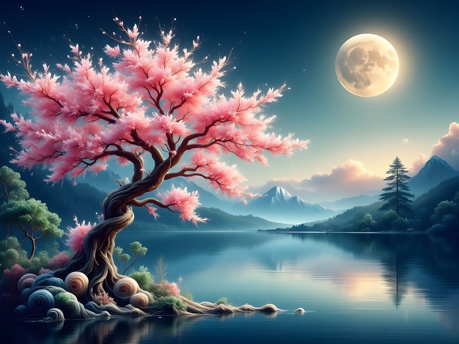 Sakura Tree Reflecting the Moon, Digital Watercolor