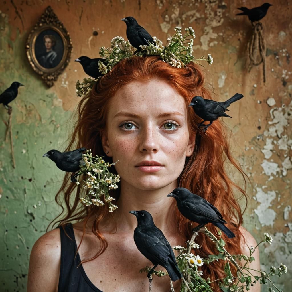 Birds Nesting in Woman's Hair, Close-Up Portrait