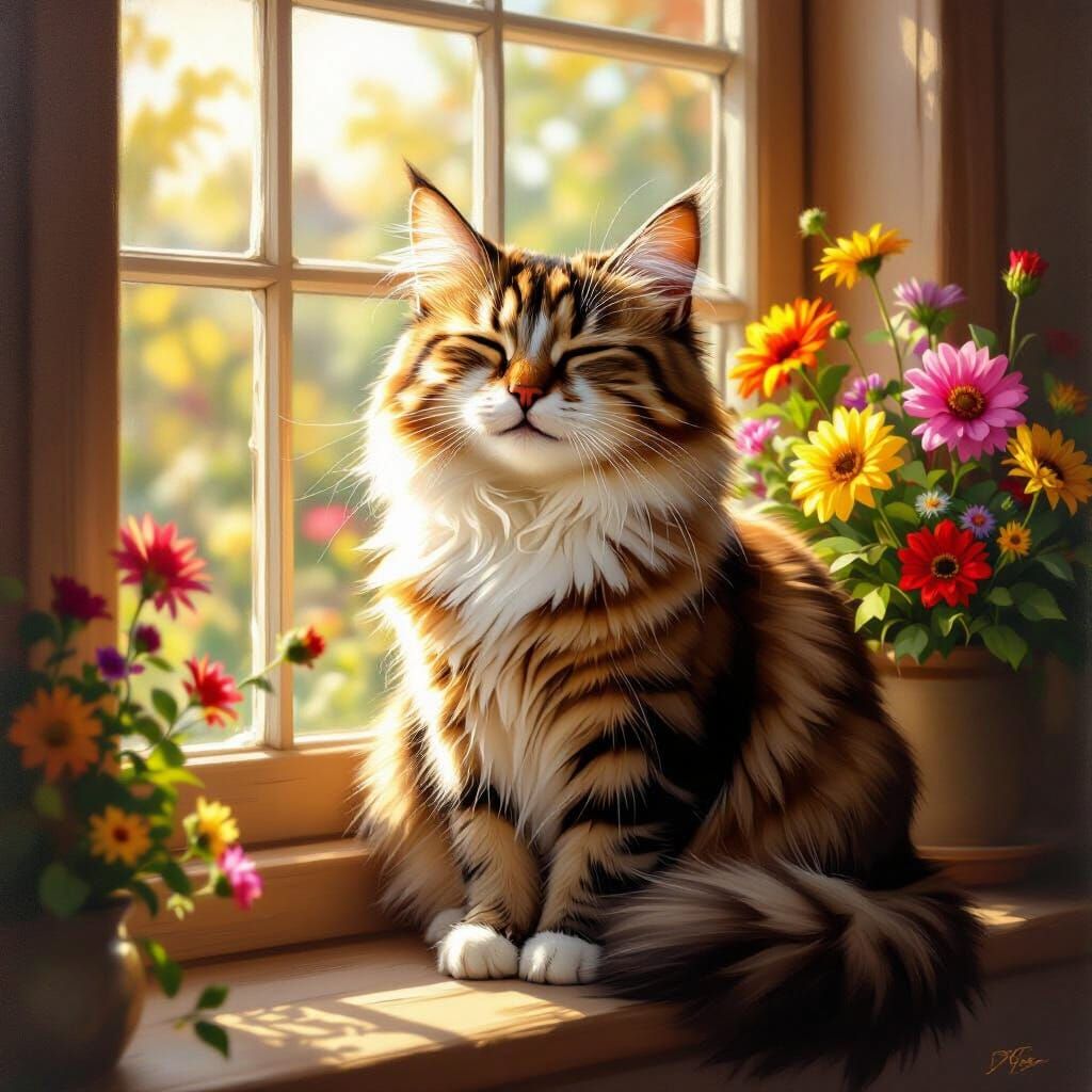 Happy Cat in Sunny Window Oil Painting