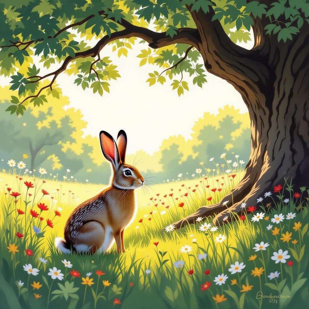 Majestic Hare in Sunlit Meadow Fantasy Illustration