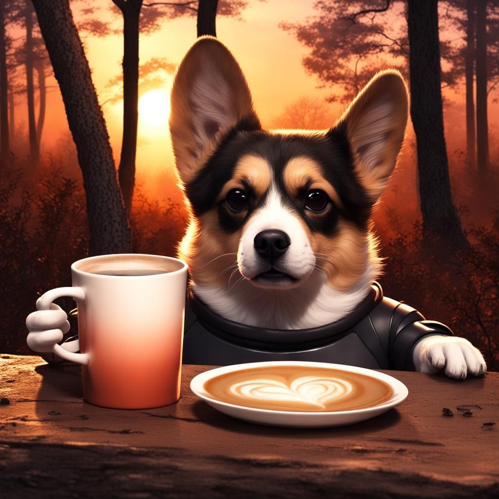 Angry Corgi Drinks Coffee at Sunset: Sci-Fi Style