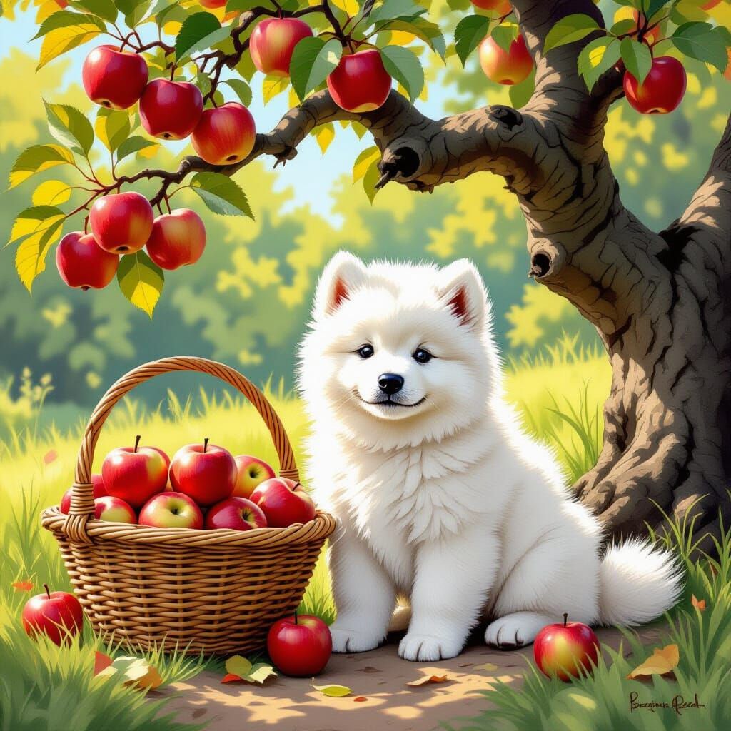Samoyed Puppy with Apples in Beatrix Potter Style