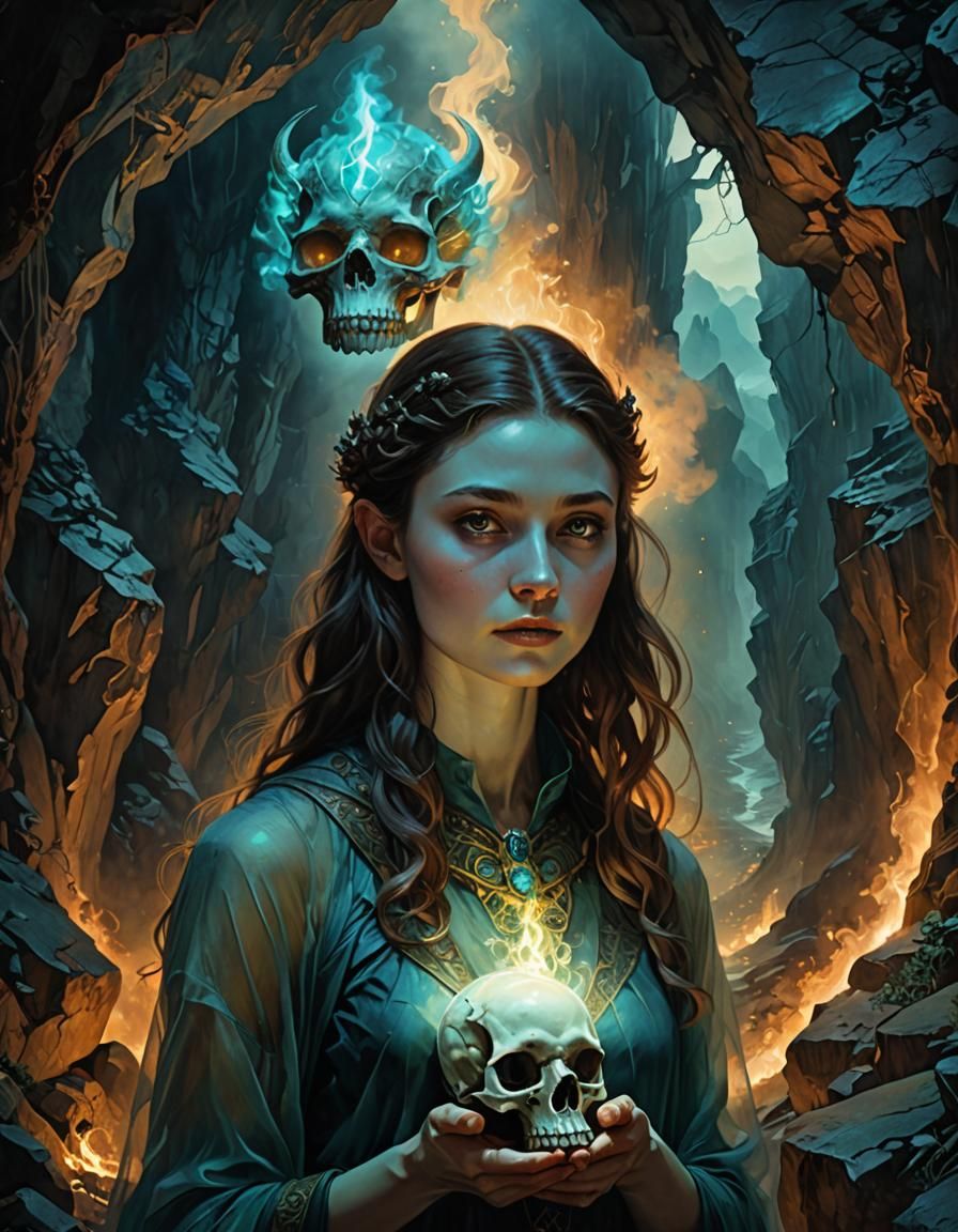 Translucent Demon Woman with Skull in Fantasy Cave