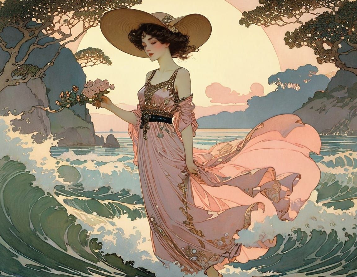 Ethereal Summer Goddess in Whimsical Art Nouveau Style