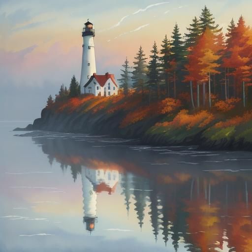 Maine Lighthouse at Sunrise in Gouache Style