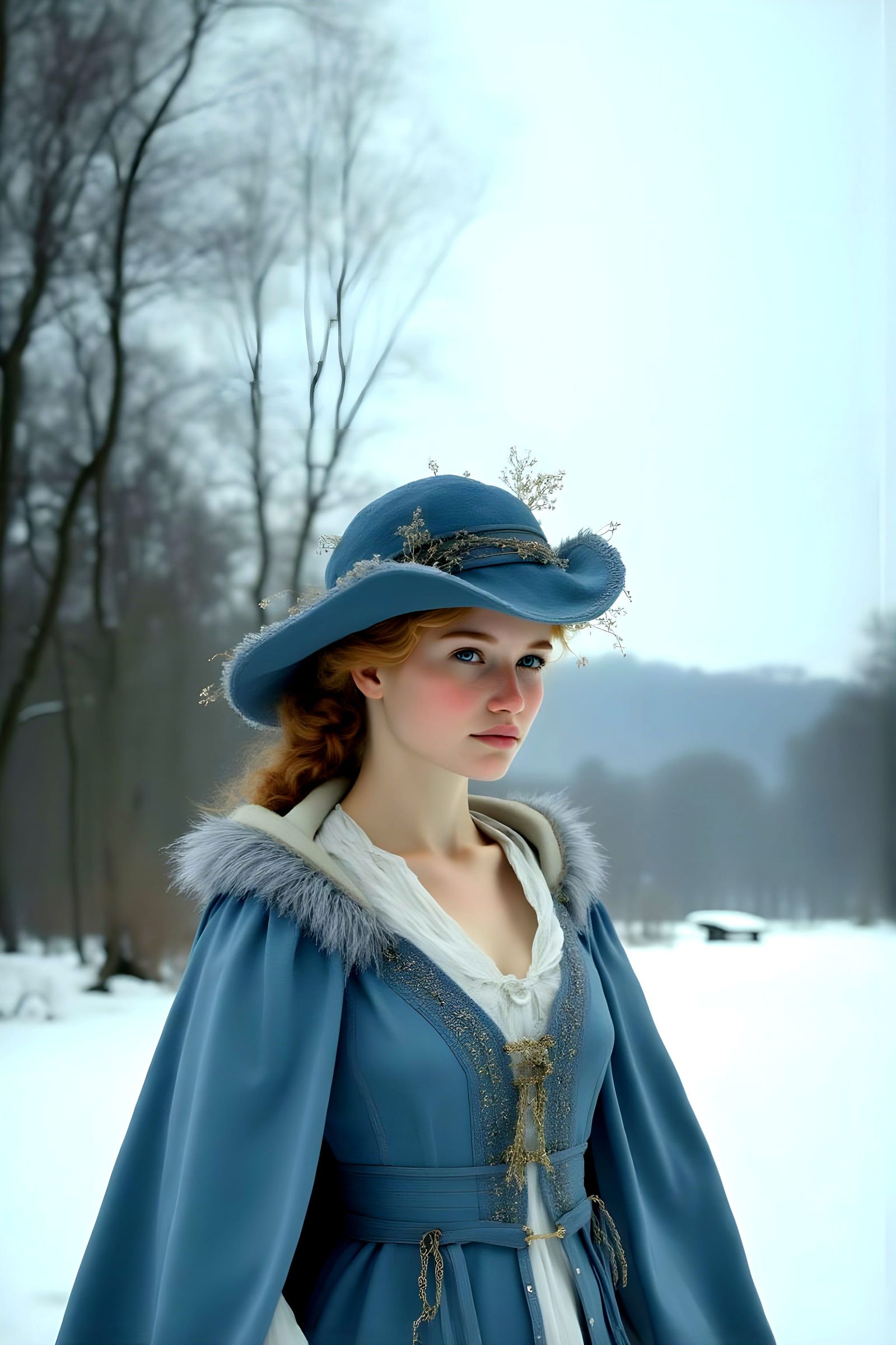 Regency Woman in Snowy Landscape with Fur Cloak