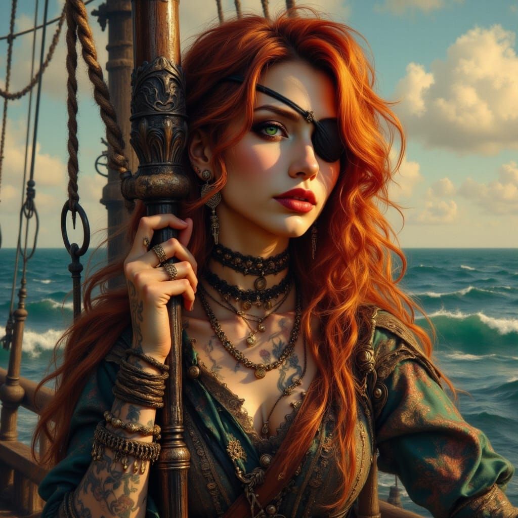Pirate Maiden with Flaming Tresses and Sea Gazing Serenity