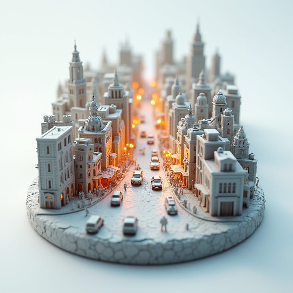 Miniature City Sculpture on White Nails