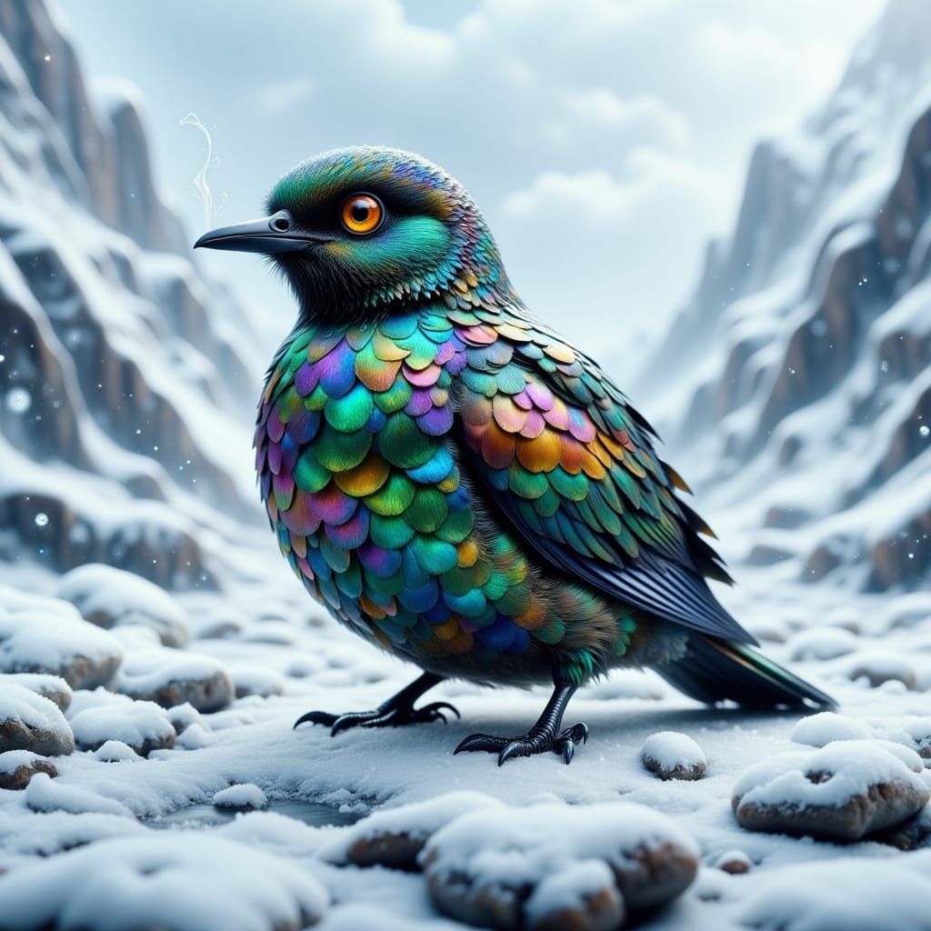 Iridescent Dragon Penguin in Frosty Landscape