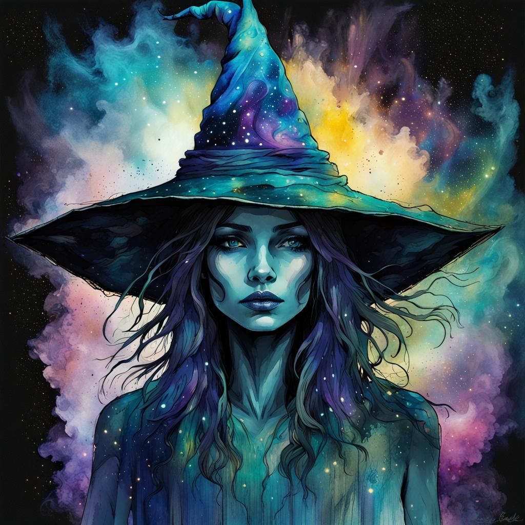 Cosmic blue witch with a interstellar hat silhouette against a bright starlit background, nebula hues