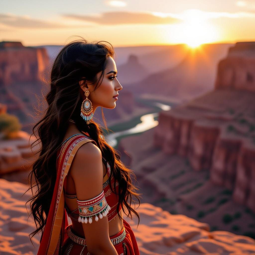 Indian Woman at Canyon Edge in Golden Light