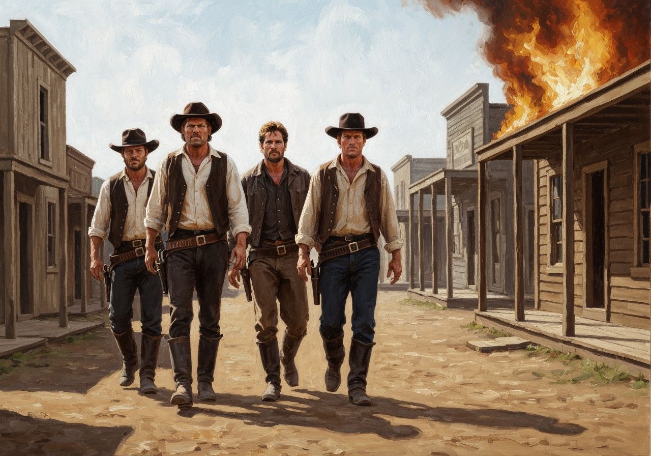 Tombstone Scene Oil Painting with Four Determined Men