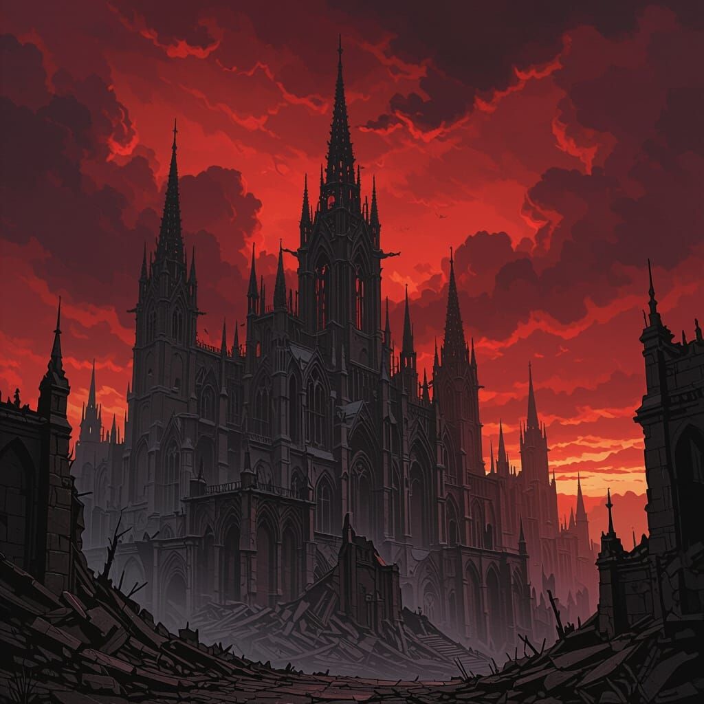 Gothic Cityscape Under a Blood-Red Sky in Grimdark Style