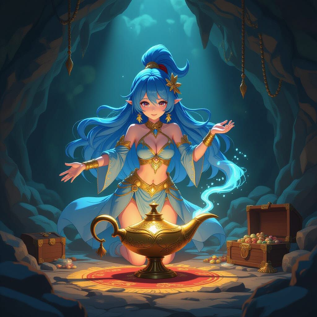 Genie Emerging From Lamp in Treasure Cave