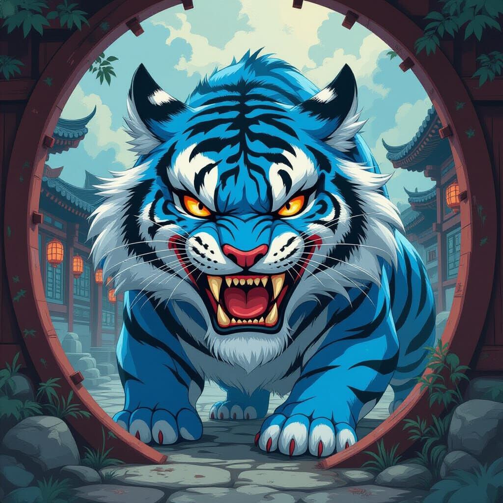 Blue Tiger Emerges from Korean Minhwa in Manga Style