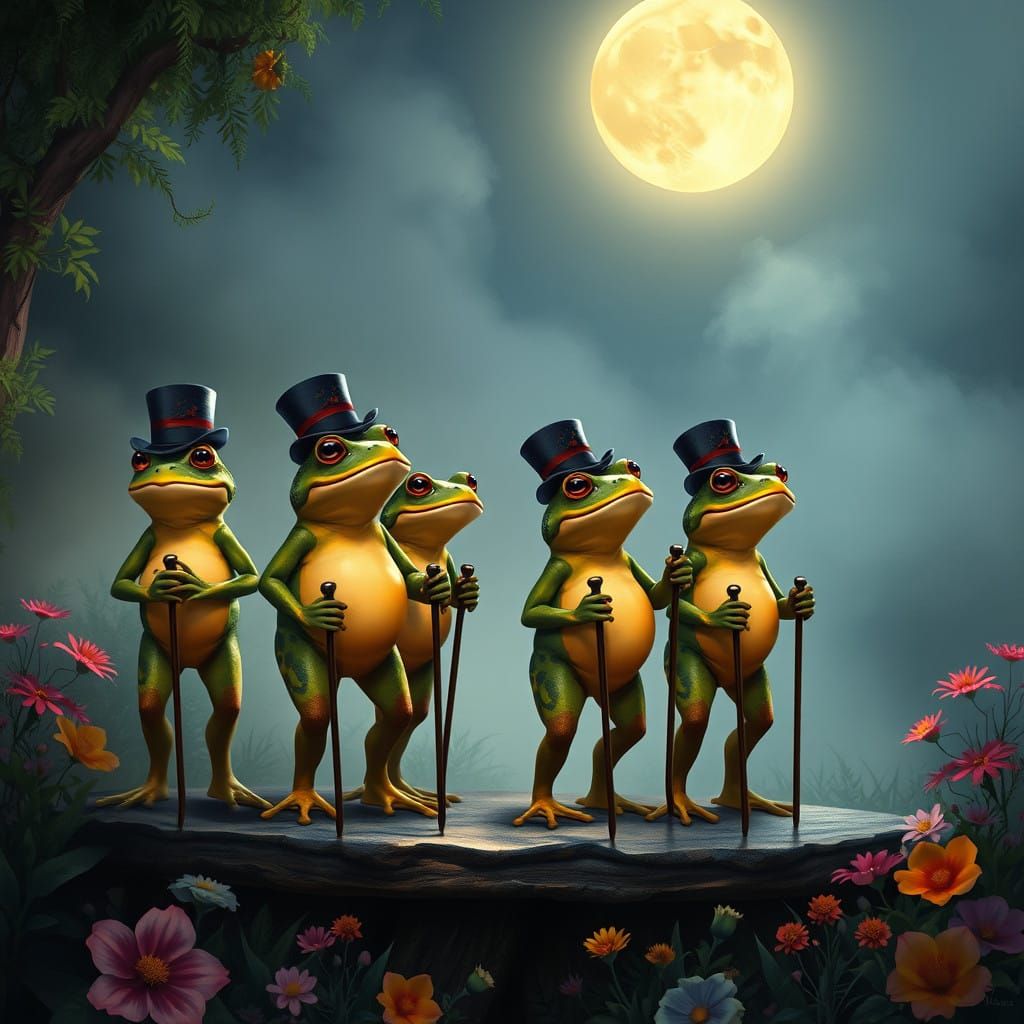 Whimsical Chorus Line of Frogs and Toads in Top Hats