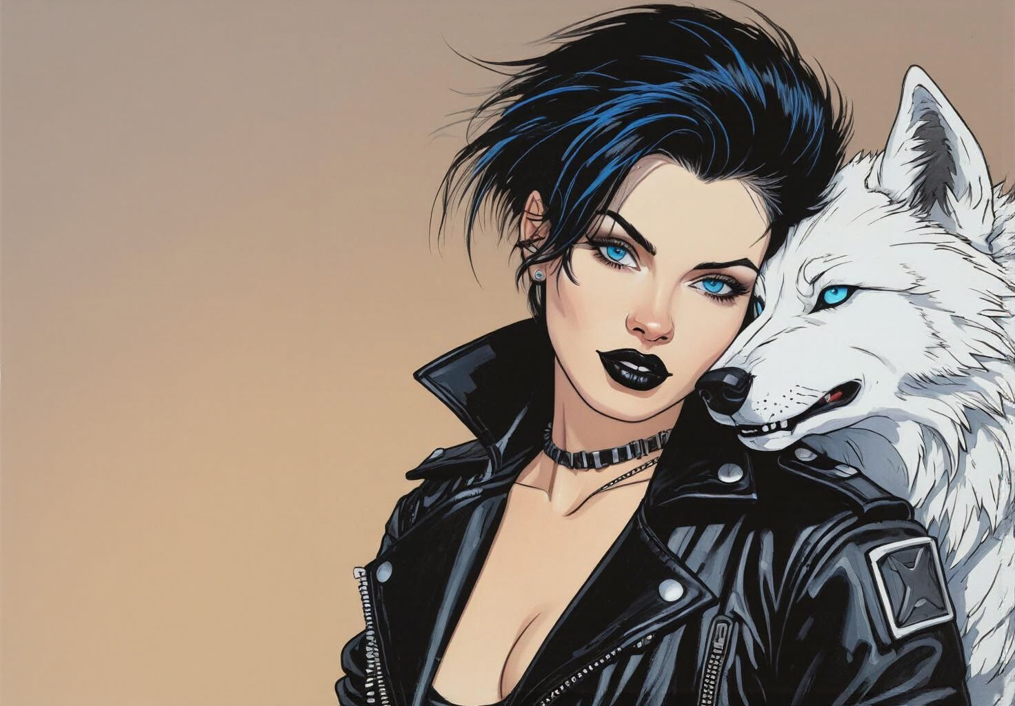 Punk Rock Selfie with Wolf in Nagel Style