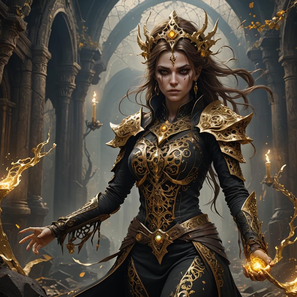 Female Necromancer in Gold and Black, Detailed Matte Paintin...