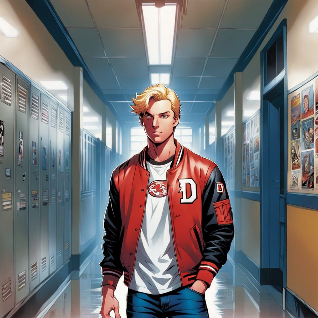 Teenage Boy in Red Letterman's Jacket Stands in High School ...