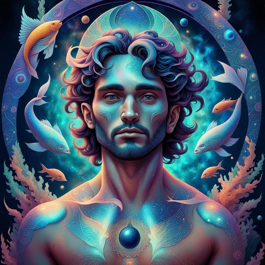 Holographic Pisces Man in Cosmic Astral Illustration