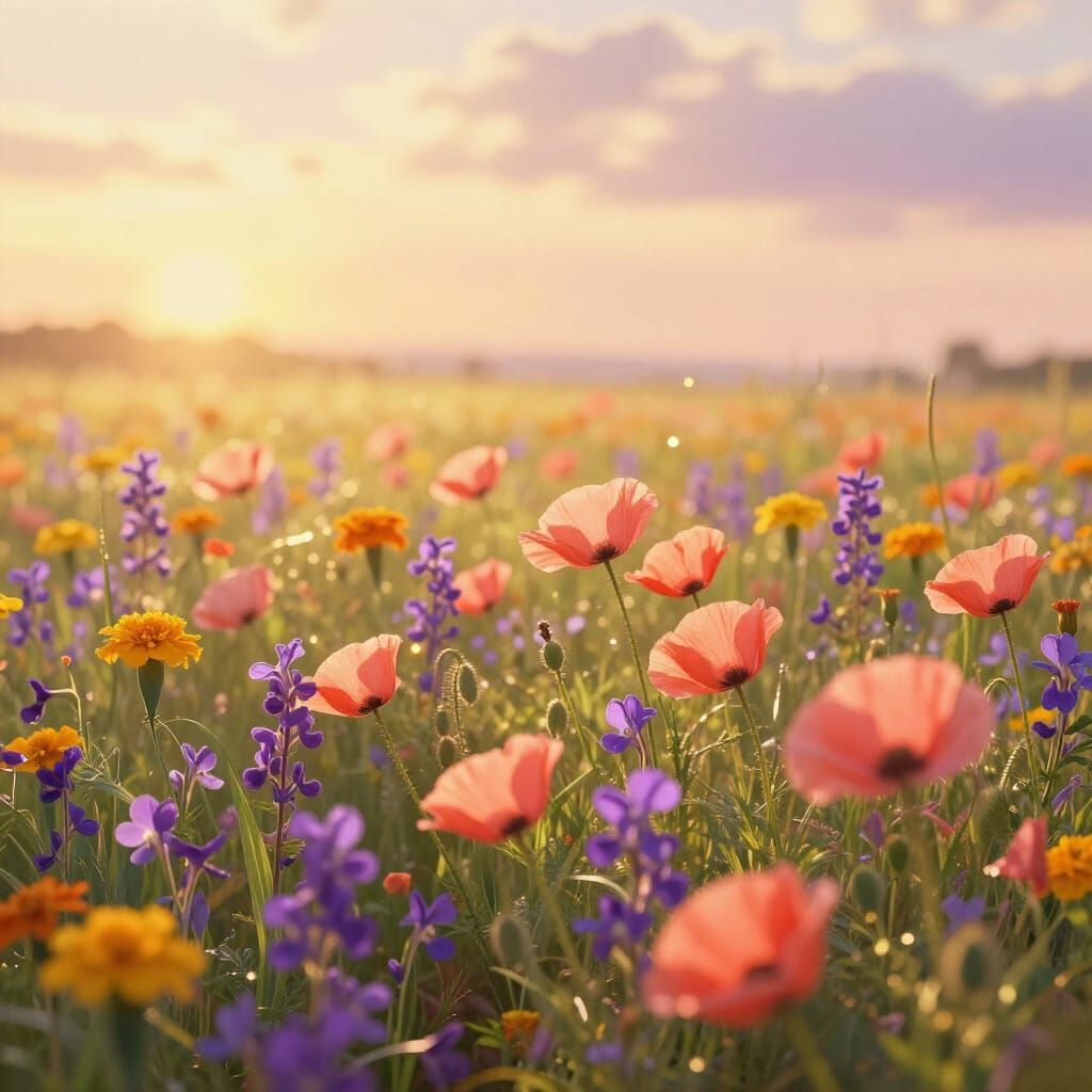 Golden Hour Meadow in Vibrant Hues