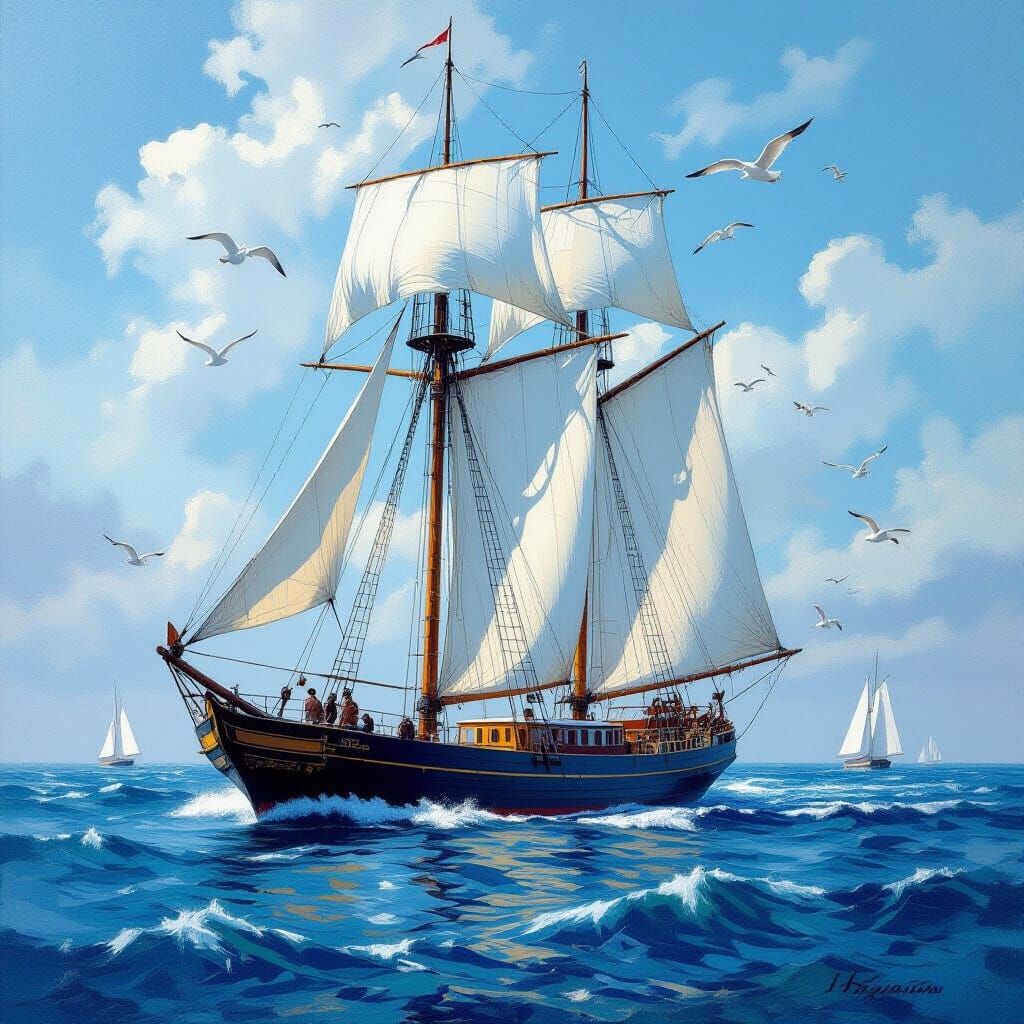 Sailing Ship with Dolphins and Seagulls