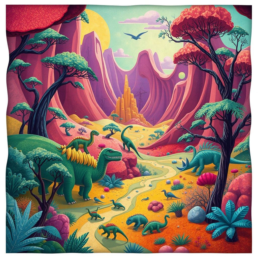 Vibrant Dinosaur Landscape in Fractal-Cubist Style