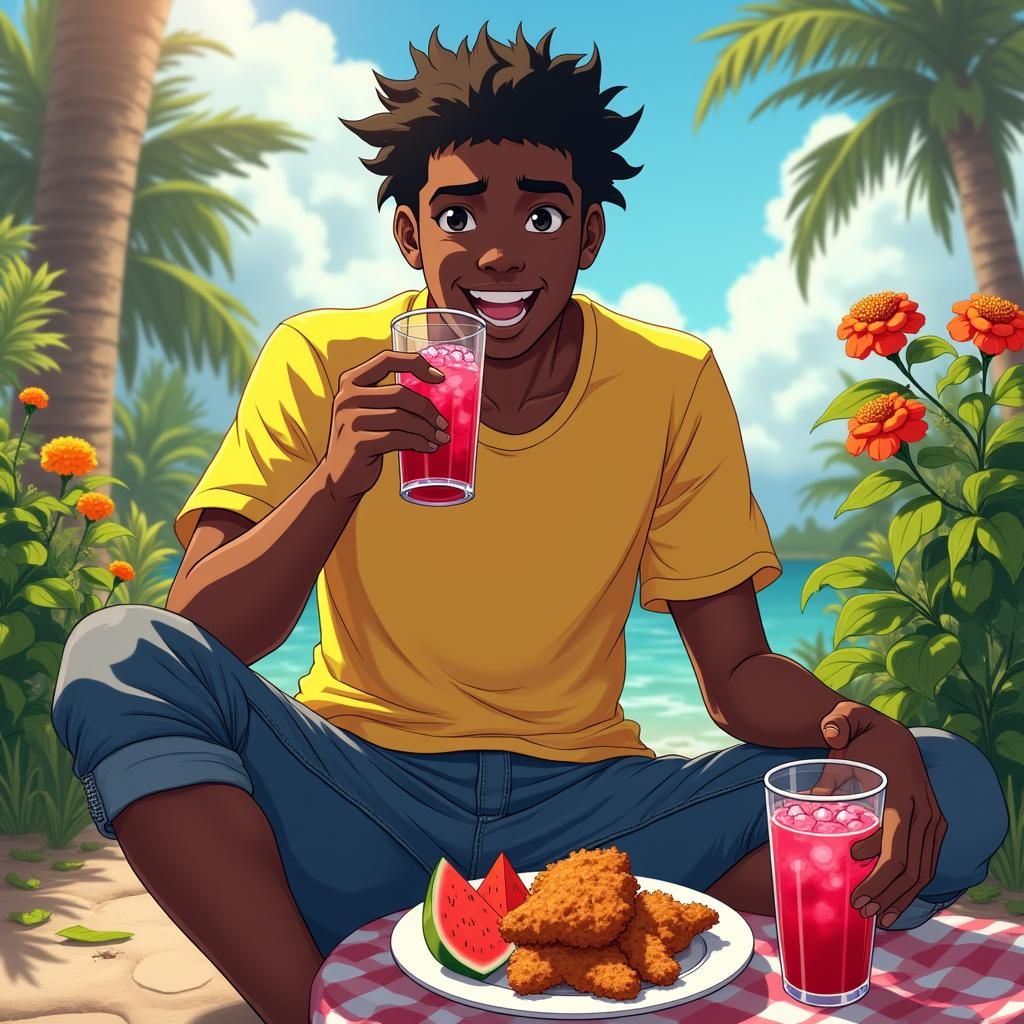 Anime Style: Man Enjoys Summer Meal Outdoors