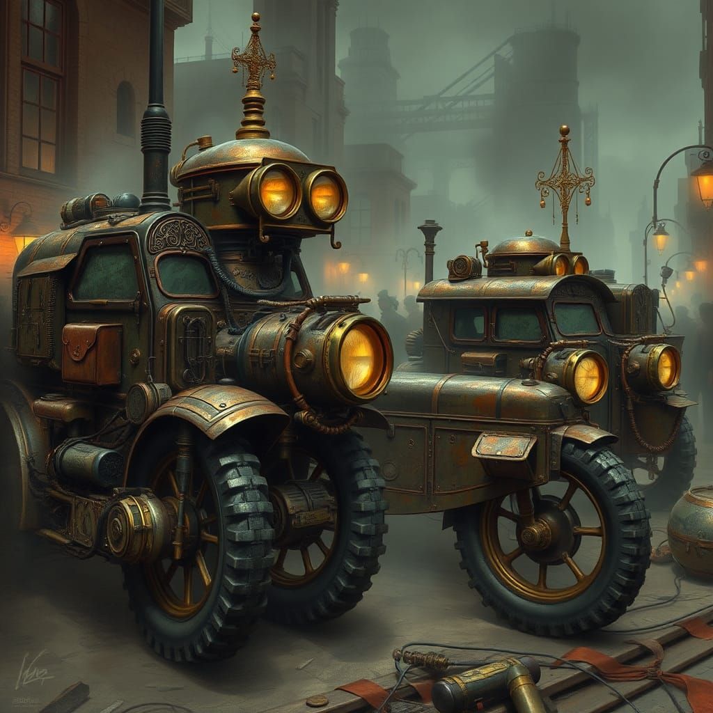 Ornate Middlepunk Vehicles in Gaslit Cityscape