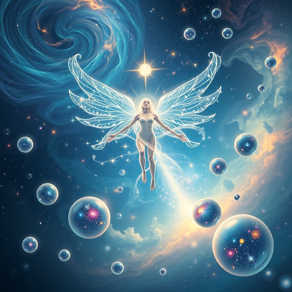 envision a celestial being with wings of pure starlight, floating serenely in a cosmic ocean filled with swirling nebula...