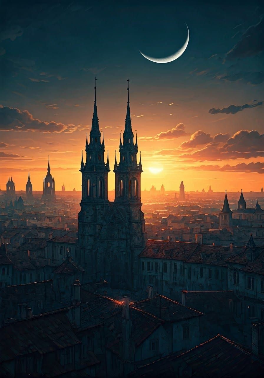 Ancient City Skyline: Crescent Moon Digital Painting