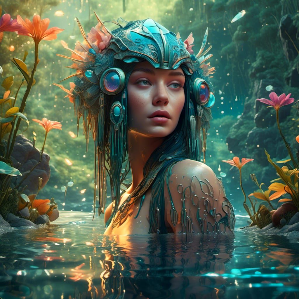 Art Deco Chameleon in a Magical River Landscape