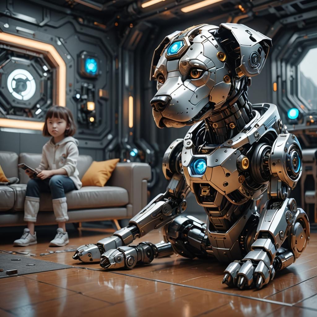 Cyborg Dog in Children's Room: Sci-Fi Render