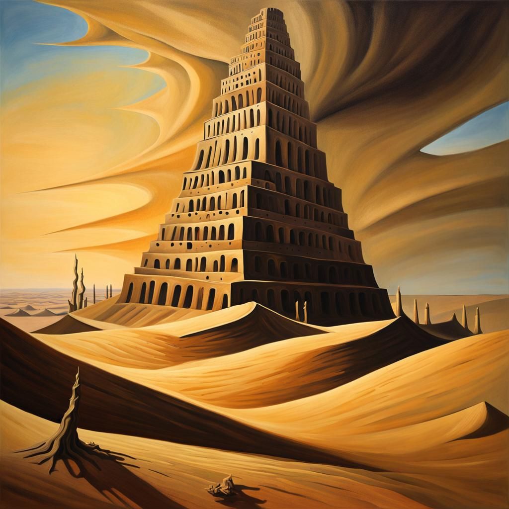 Surreal Tower of Babel in Dreamlike Desert