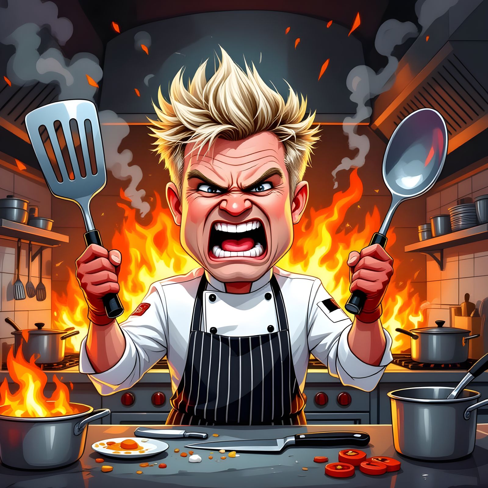 Gordon Ramsay Caricature in Fiery Chaotic Kitchen