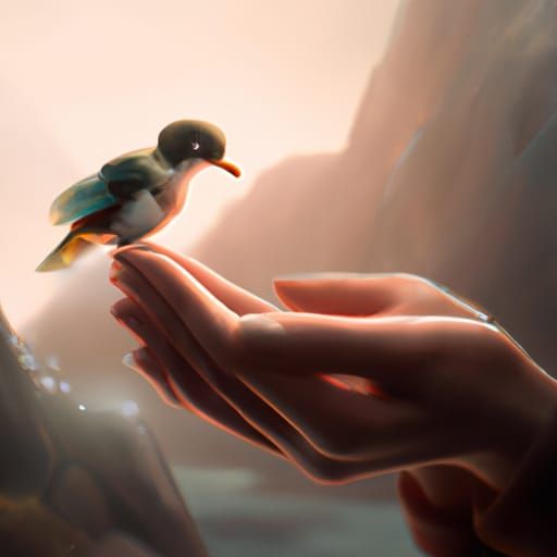 Hands Holding Little Bird: Dramatic Digital Painting